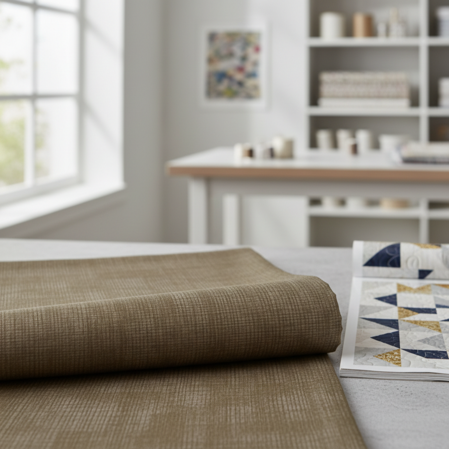 Interwoven Olive quilting cotton fabric by Jason Yenter showing soft olive green geometric woven pattern