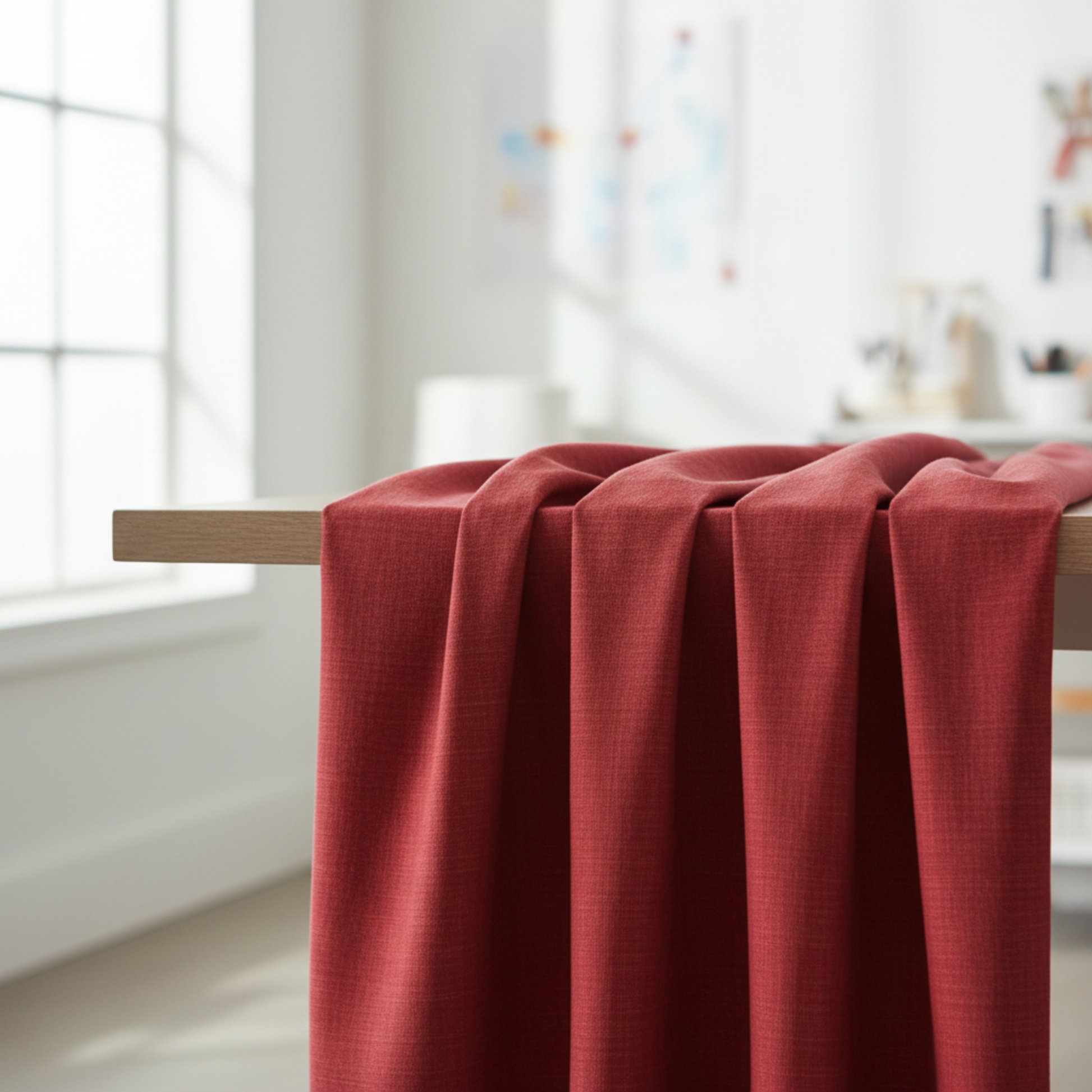 Interwoven Red quilting cotton fabric from the Interwoven collection, vibrant red geometric draped beside sewing machine to show soft drape and scale