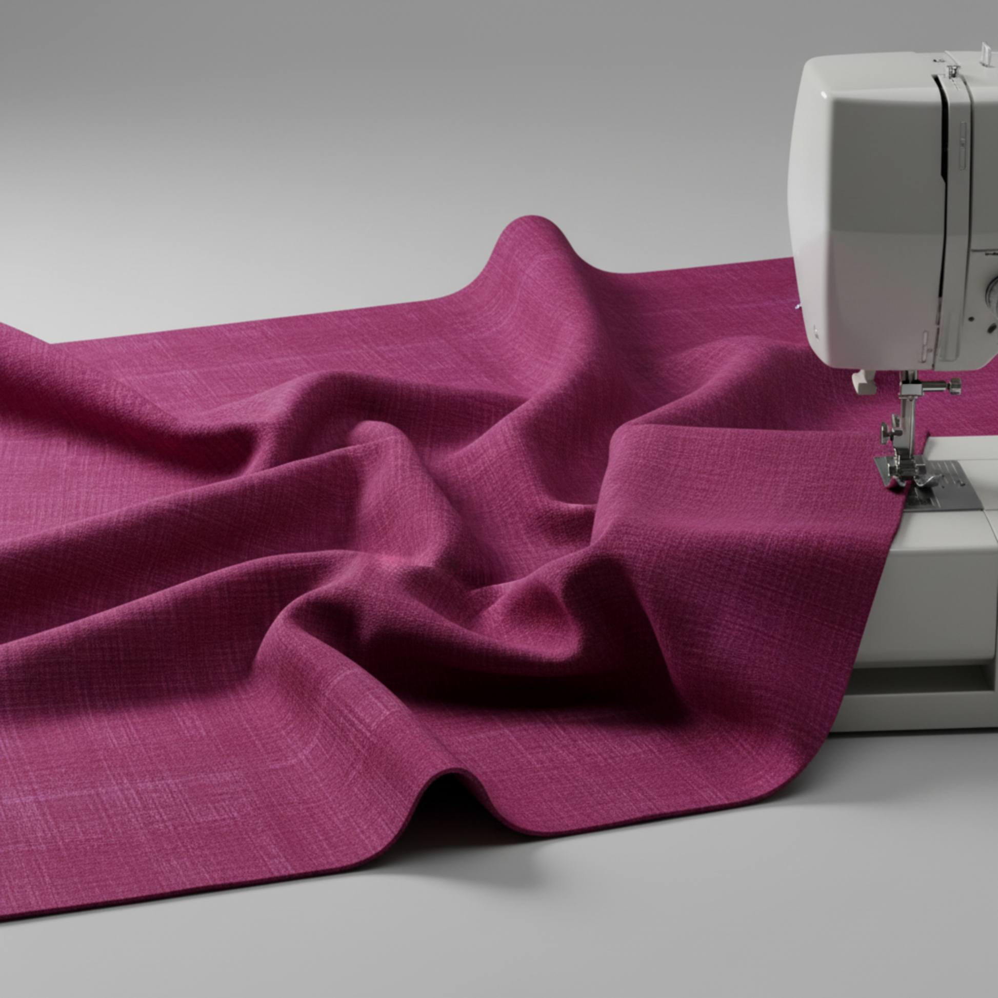 Interwoven Magenta quilting cotton fabric from the Interwoven collection, bold magenta geometric draped beside sewing machine to show soft drape and scale