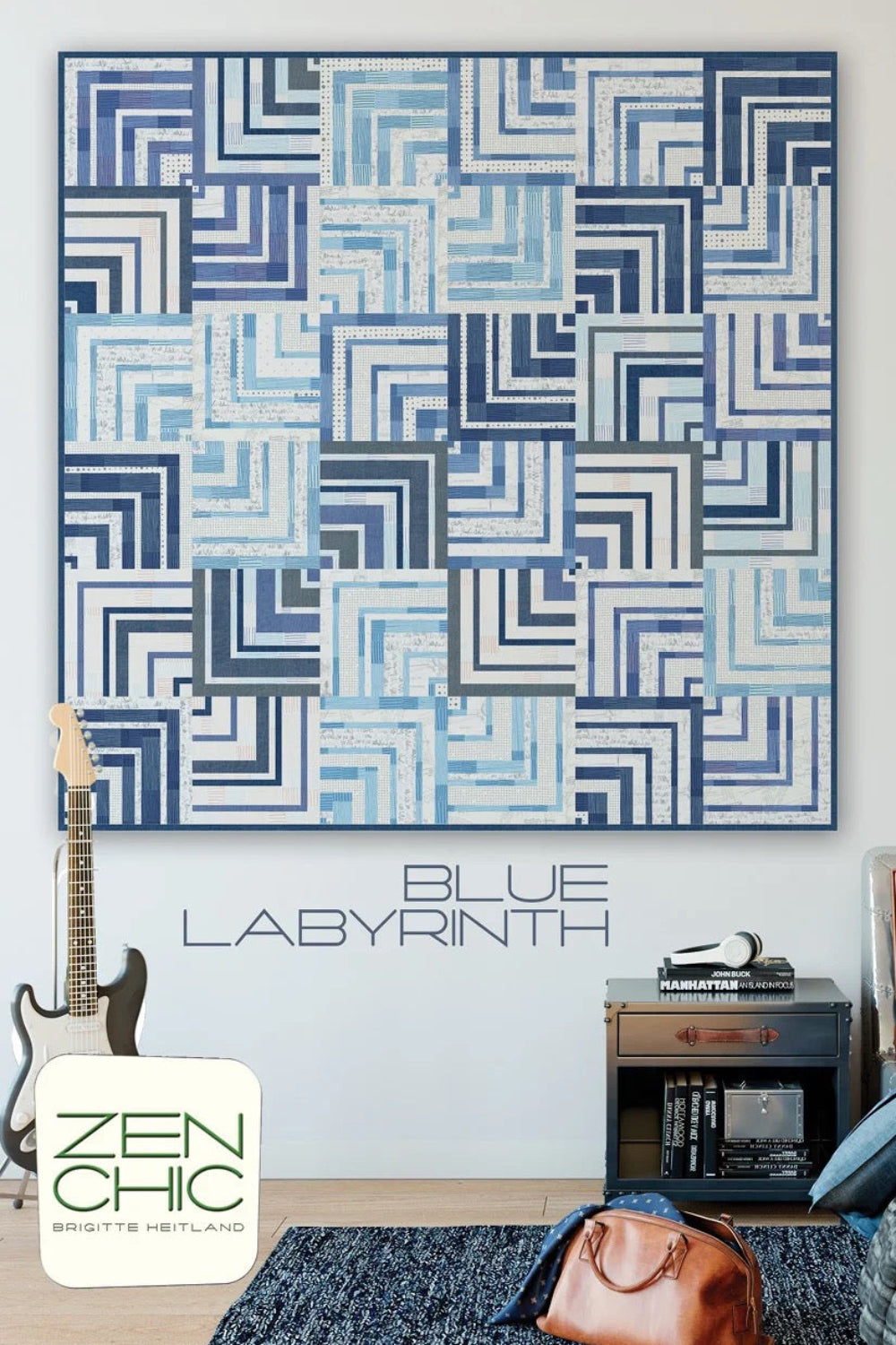 Blue Labyrinth quilt pattern by Zen Chic — stunning modern quarter log cabin in navy, blue and white interlocking squares creating a mesmerizing labyrinth illusion! Shop at IraRobi Quilts! #QuiltPattern #ZenChic #LogCabin #ModernQuilt #BlueAndWhite