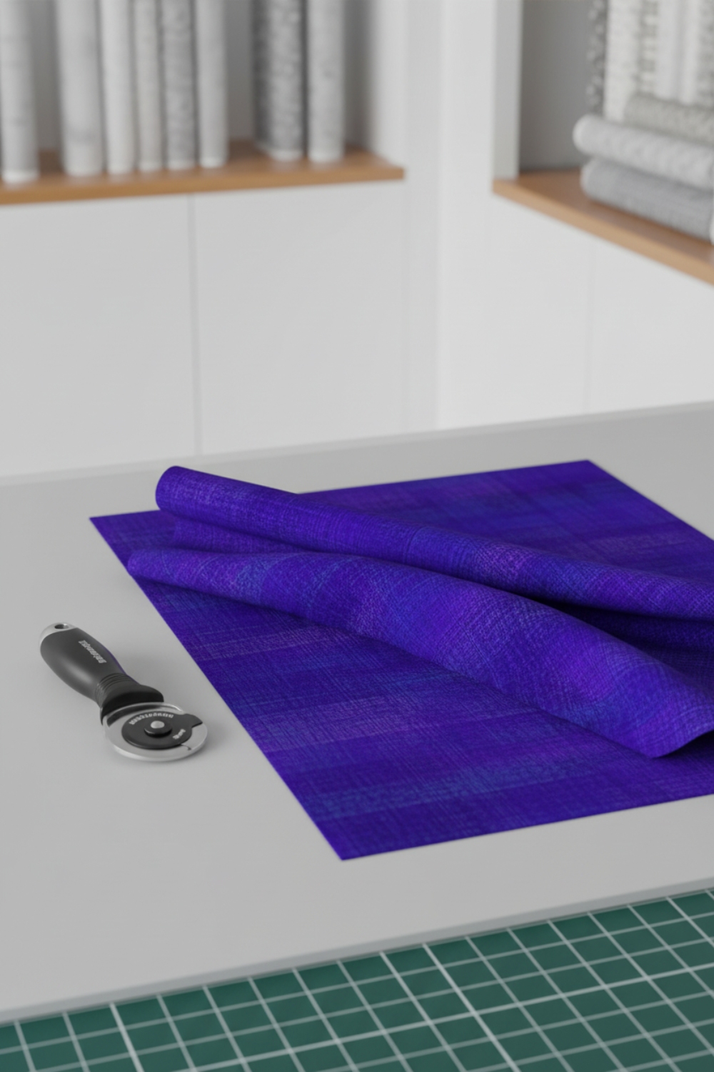 Interwoven Dark Purple by Jason Yenter – Pinterest quilt room flat lay with folded fabric, cutting mat corner, and rotary cutter on light grey base