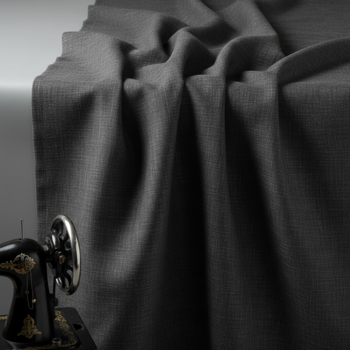 Interwoven Dark Slate by Jason Yenter – soft cascading drape showing fabric body and hand, light grey background, partial sewing machine edge visible
