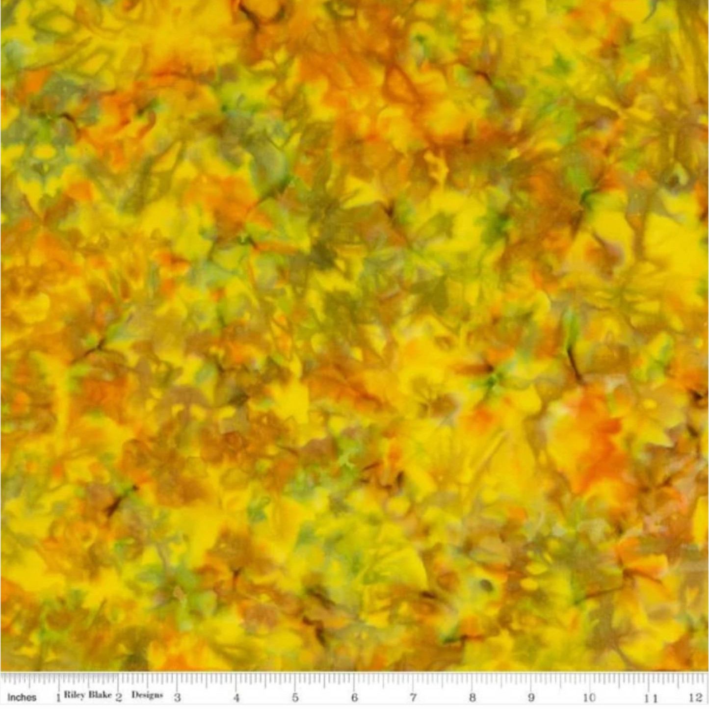 Expressions Batiks Hand-Dyes Yellow Orange Multi III quilting cotton by Riley Blake Designs – scale shot with ruler showing pattern repeat, vivid multicolor hand-dyed batik with golden yellow, warm orange, and olive green
