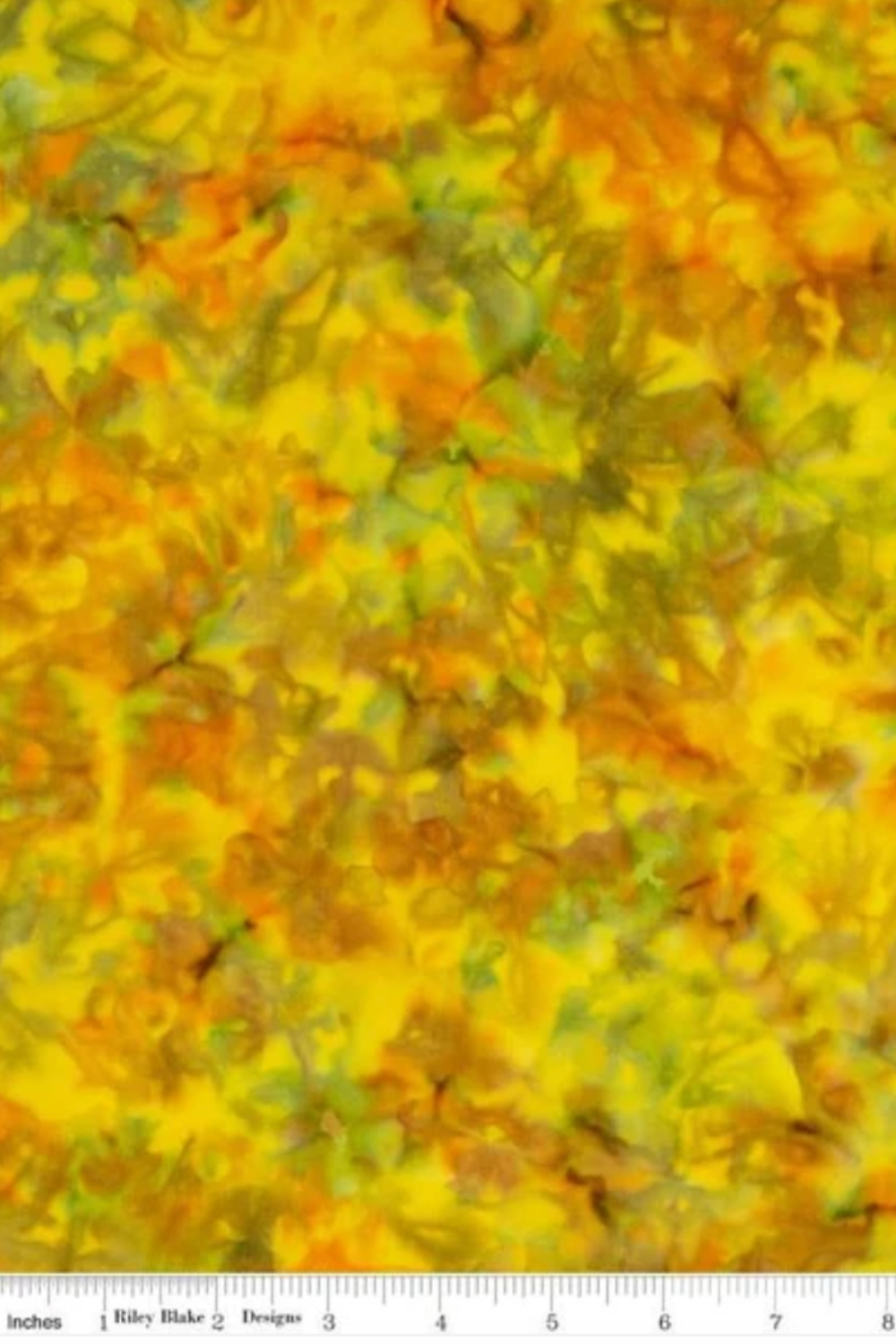 Expressions Batiks Hand-Dyed Yellow Orange Multi III quilting cotton by Riley Blake Designs – Pinterest scale reference with ruler showing pattern repeat, vivid multicolor hand-dyed batik with golden yellow, warm orange, and olive green