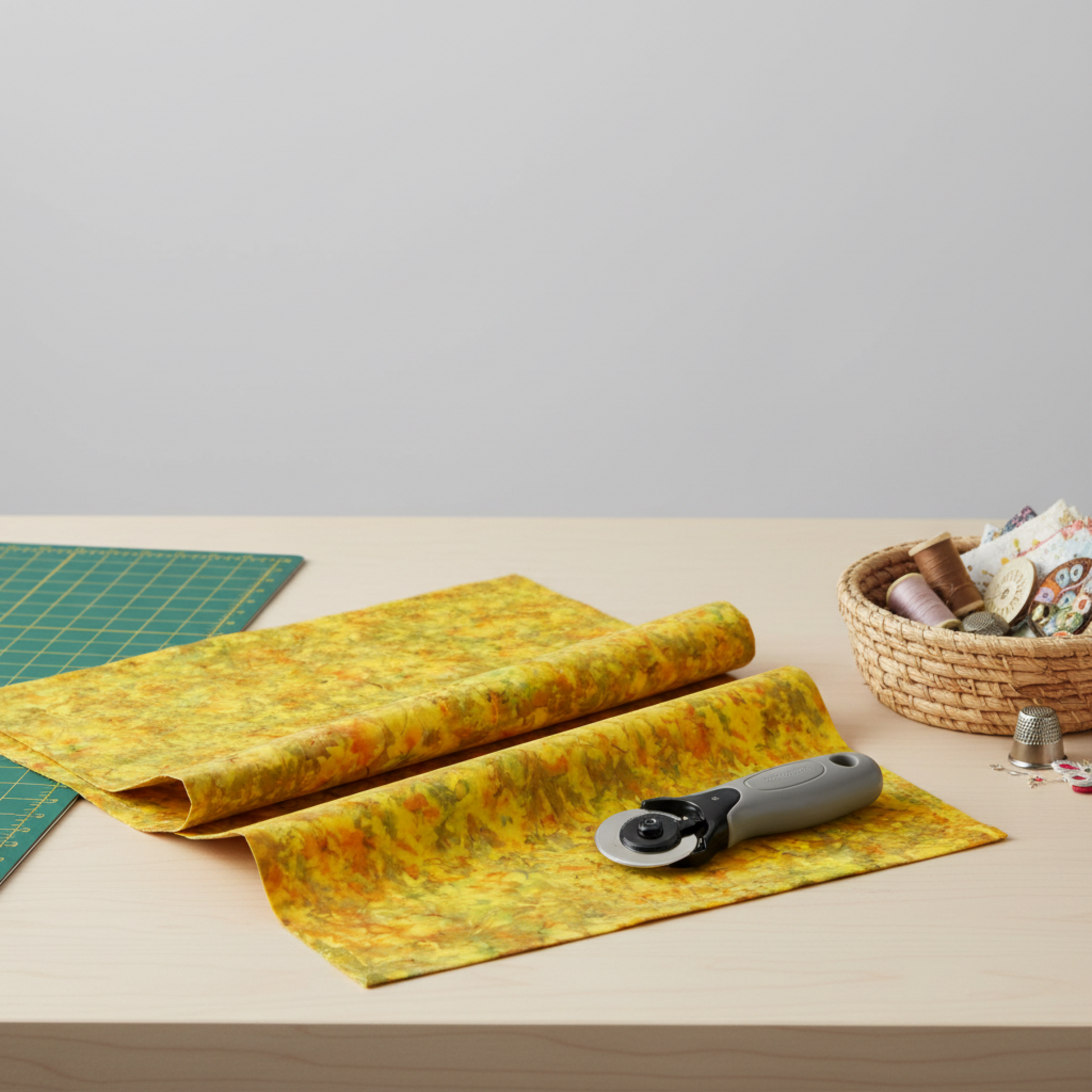 Expressions Batiks Hand-Dyed Yellow Orange Multi III quilting cotton fabric by Riley Blake Designs – partially unrolled vivid multicolor hand-dyed batik on wood surface with rotary cutter, green cutting mat, and basket of sewing notions, light grey background