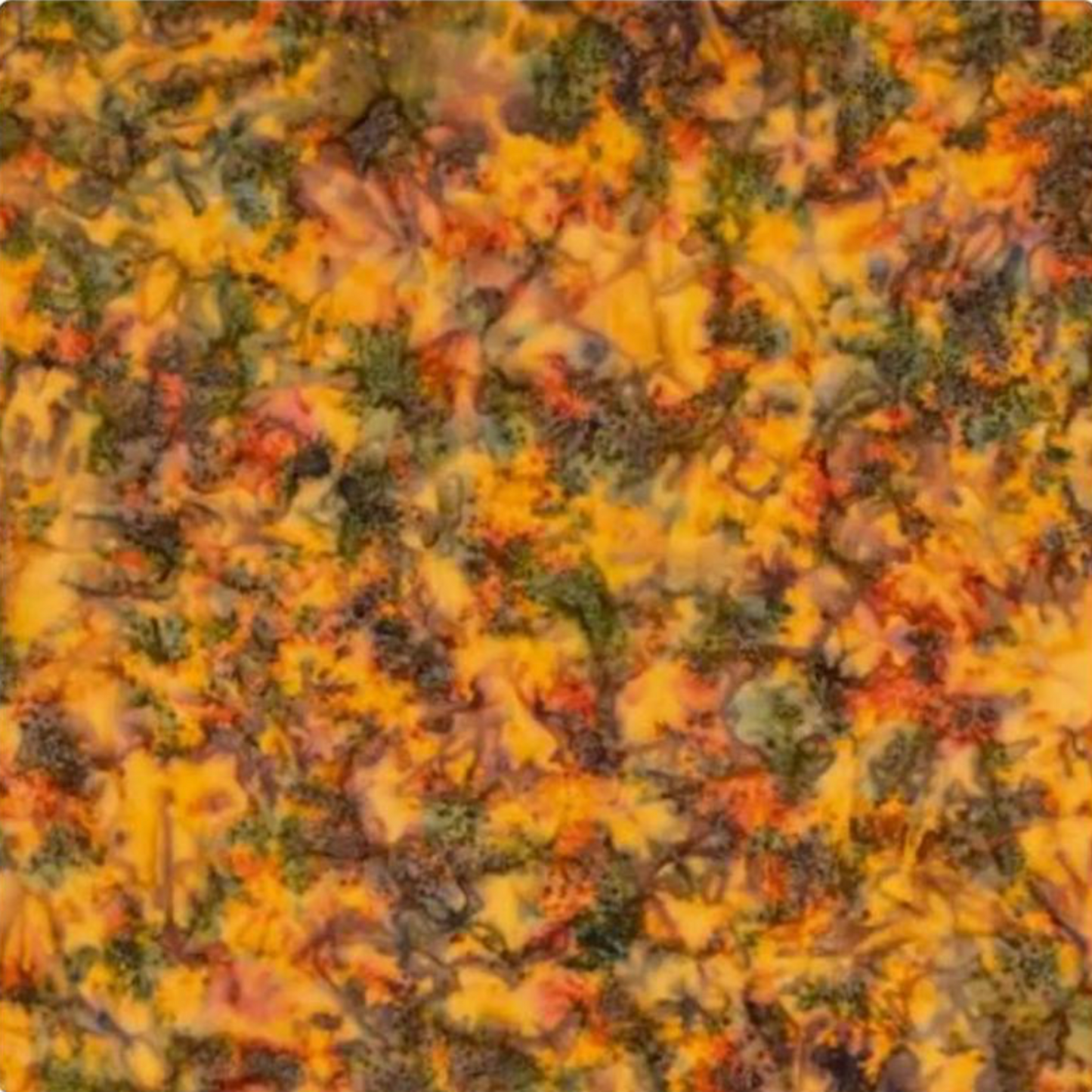 Close-up detail of Expressions Batiks Hand-Dyes Orange Multi I quilting cotton fabric by Riley Blake Designs – complex multicolor hand-dyed batik texture with golden amber-orange base, heavy olive green, slate blue-grey, muted purple, and red-orange accents