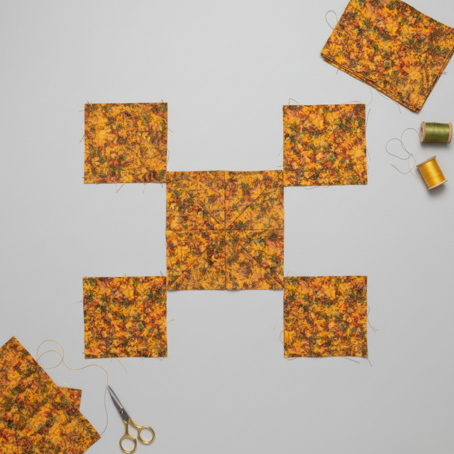 Expressions Batiks Hand-Dyed Orange Multi I quilting cotton fabric by Riley Blake Designs – quilt block in progress with cut squares and half-square triangles arranged in pinwheel layout on light grey surface, gold scissors, olive and golden thread spools, and folded fabric remnants