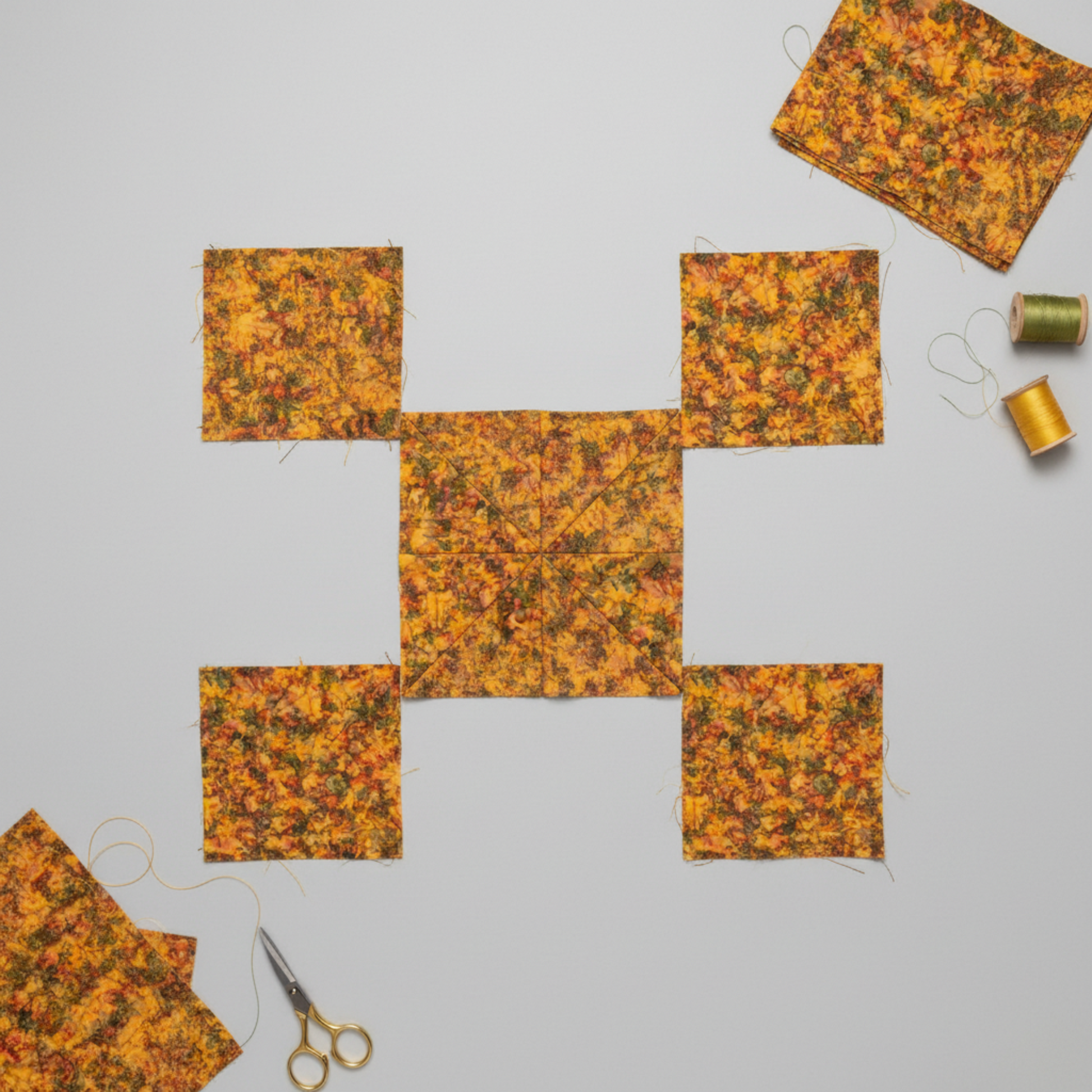 Expressions Batiks Hand-Dyed Orange Multi I quilting cotton fabric by Riley Blake Designs – quilt block in progress with cut squares and half-square triangles arranged in pinwheel layout on light grey surface, gold scissors, olive and golden thread spools, and folded fabric remnants