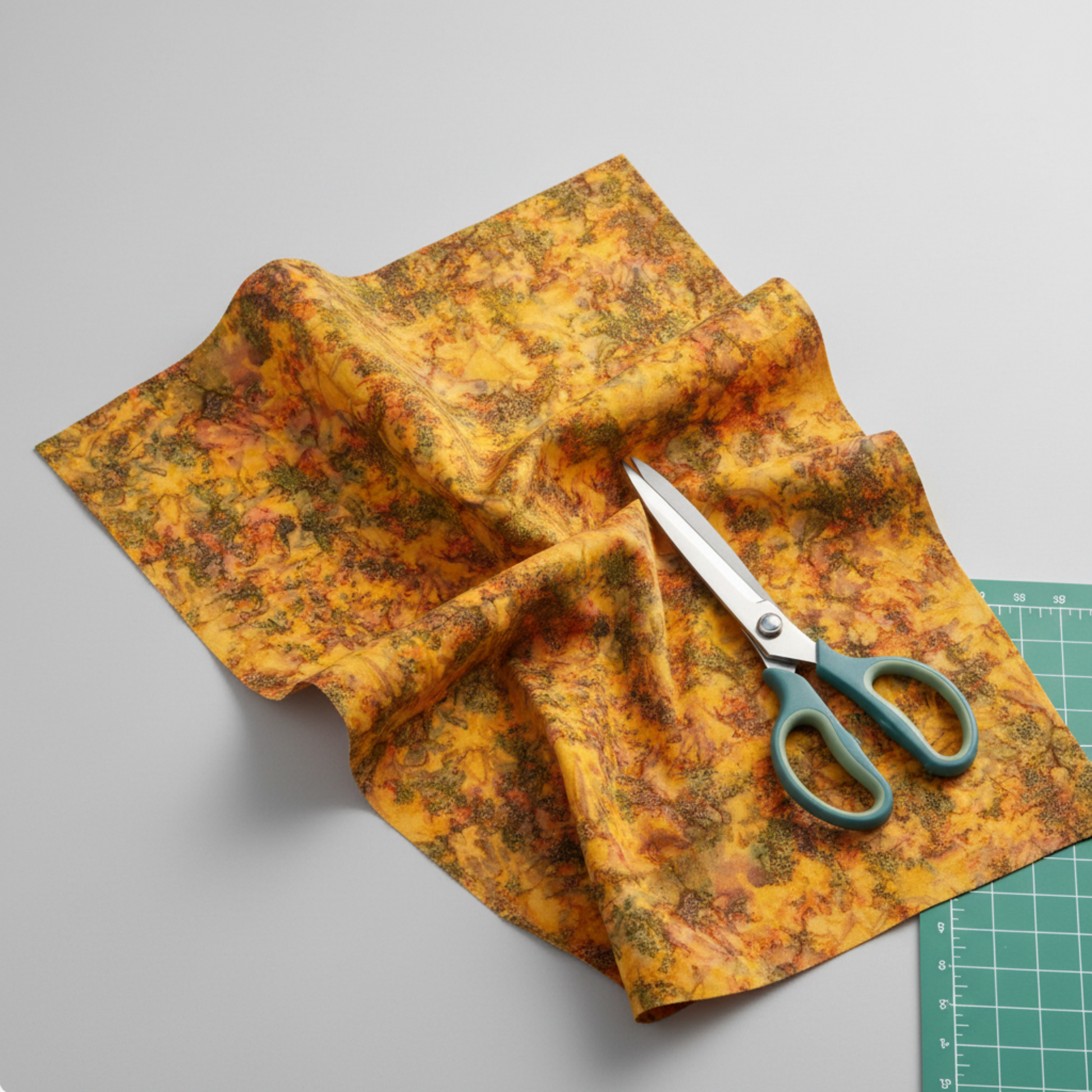 Expressions Batiks Hand-Dyed Orange Multi I quilting cotton fabric by Riley Blake Designs – loosely gathered on light grey surface with teal fabric scissors and green cutting mat corner, complex multicolor hand-dyed batik with golden amber-orange, olive green, and red-orange palette
