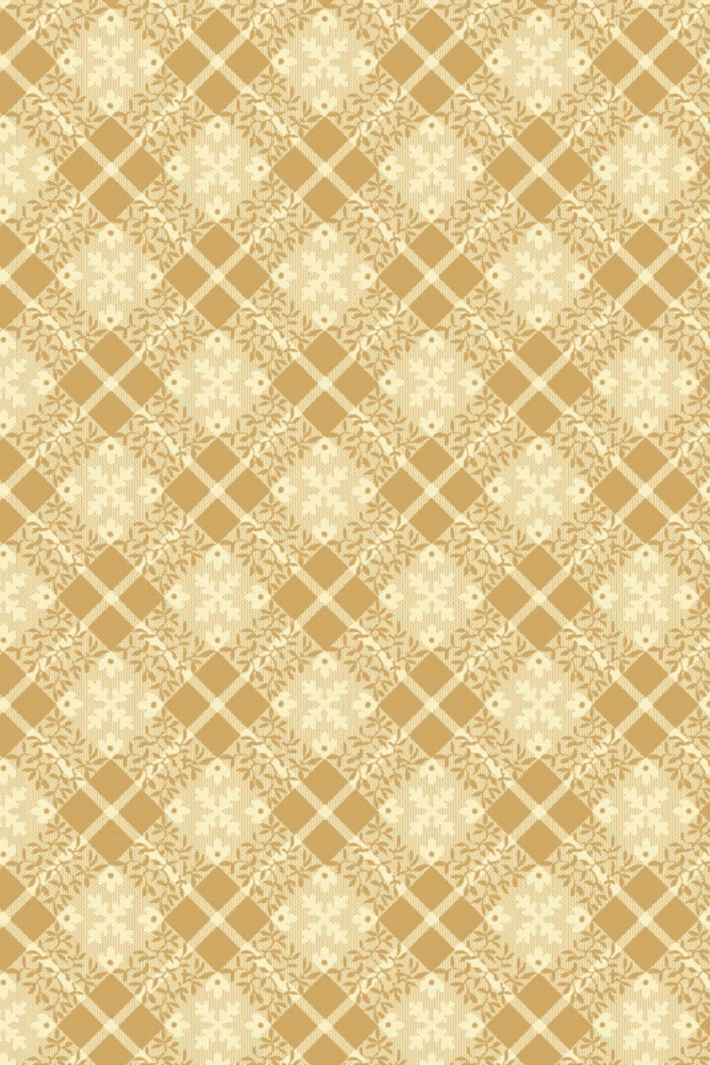 Golden Era Floral Plaid Tan quilting cotton by Paula Barnes for Marcus Fabrics — close-up of warm tan-gold ground with diagonal crosshatch lattice grid and delicate cream floral wreath motifs in each diamond cell, a sophisticated tonal blender for traditional quilts and sewing projects