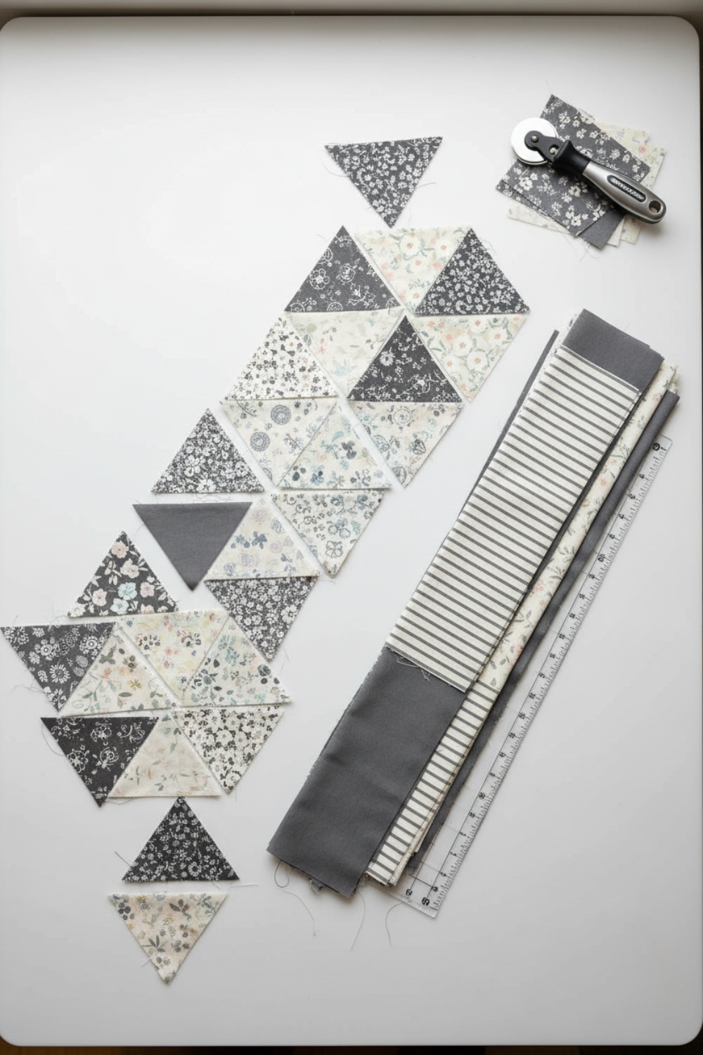 Interwoven Slate by Jason Yenter – Pinterest overhead layout of cut triangles with rotary cutter, clean quilt-in-progress flat lay on light grey background