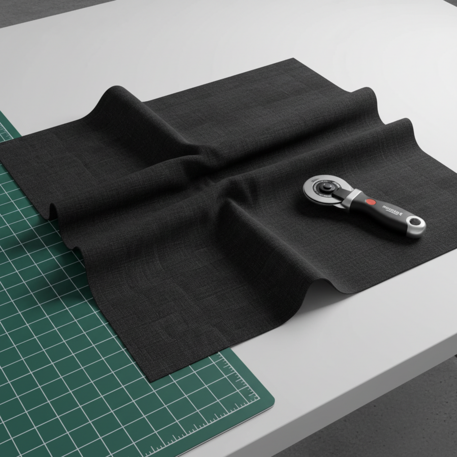 Interwoven Charcoal by Jason Yenter – fabric draped over table with partial cutting mat and rotary cutter visible, clean quilt room setting