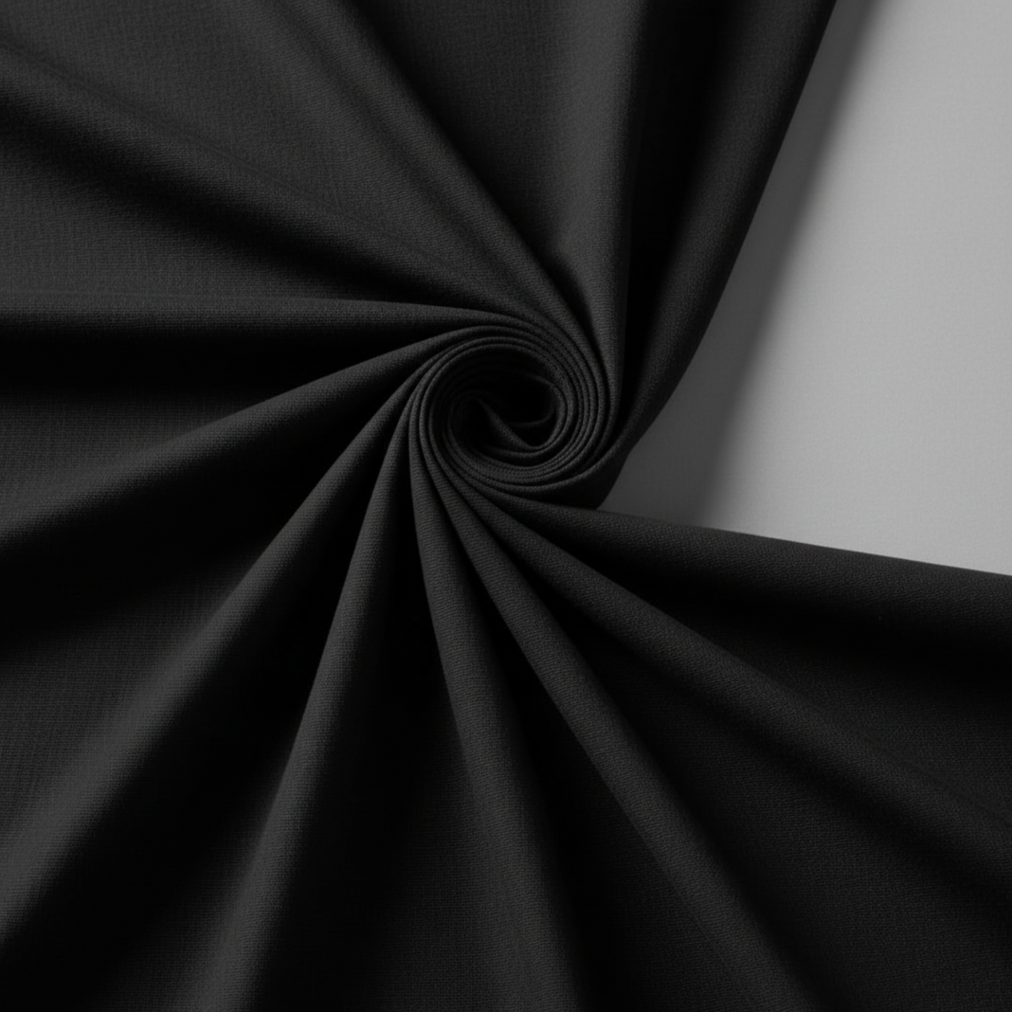 Interwoven Charcoal by Jason Yenter – fabric flat on surface with center folded into a hurricane funnel shape, showing drape and texture