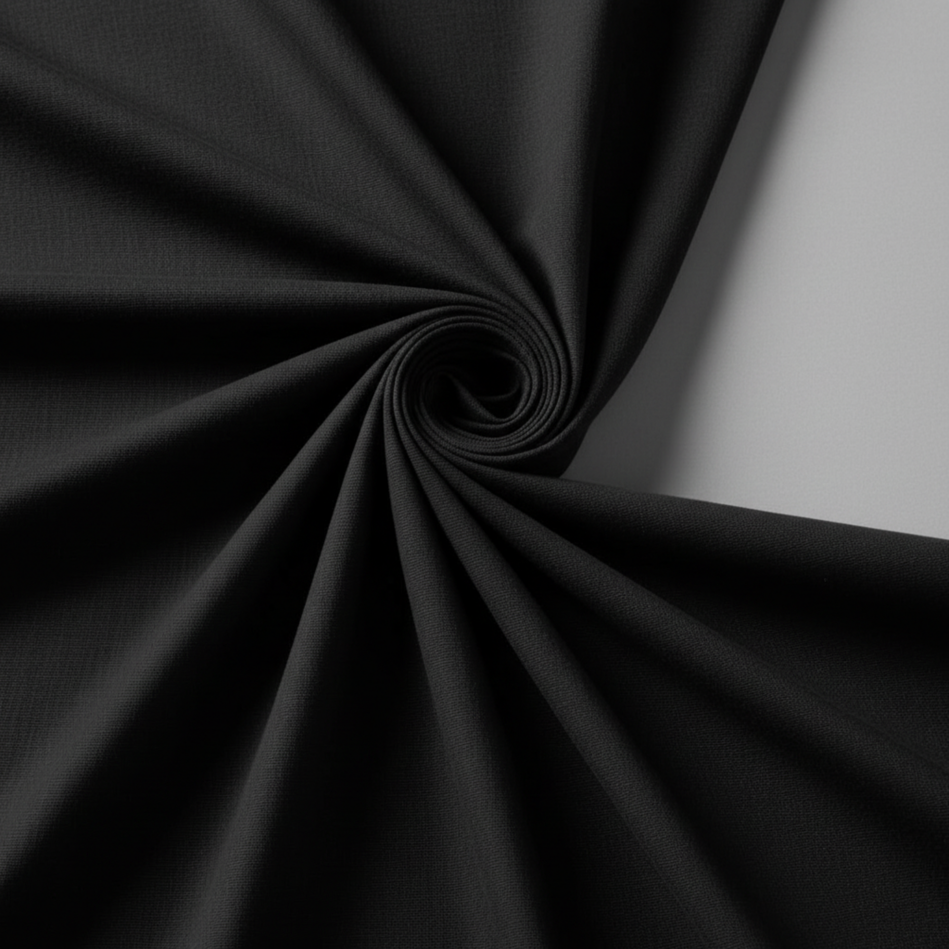 Interwoven Charcoal by Jason Yenter – fabric flat on surface with center folded into a hurricane funnel shape, showing drape and texture