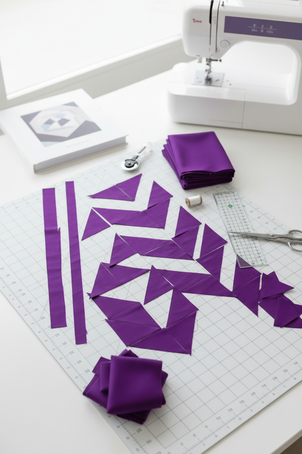 Interwoven Plum by Jason Yenter – Pinterest overhead quilt-in-progress layout with cut strips and HSTs, ruler, scissors, and corner of sewing machine visible, clean flat lay