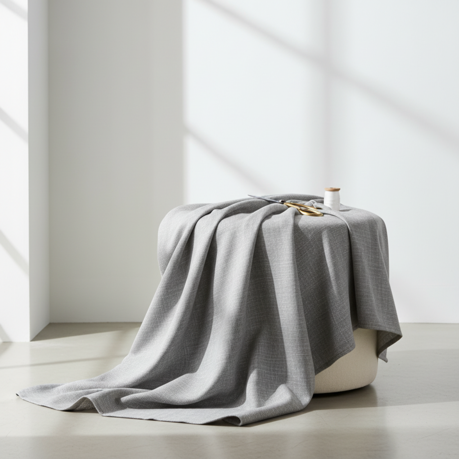 Interwoven Pewter by Jason Yenter – lifestyle shot with fabric draped over ottoman, spools of thread resting on top, clean and minimal setting