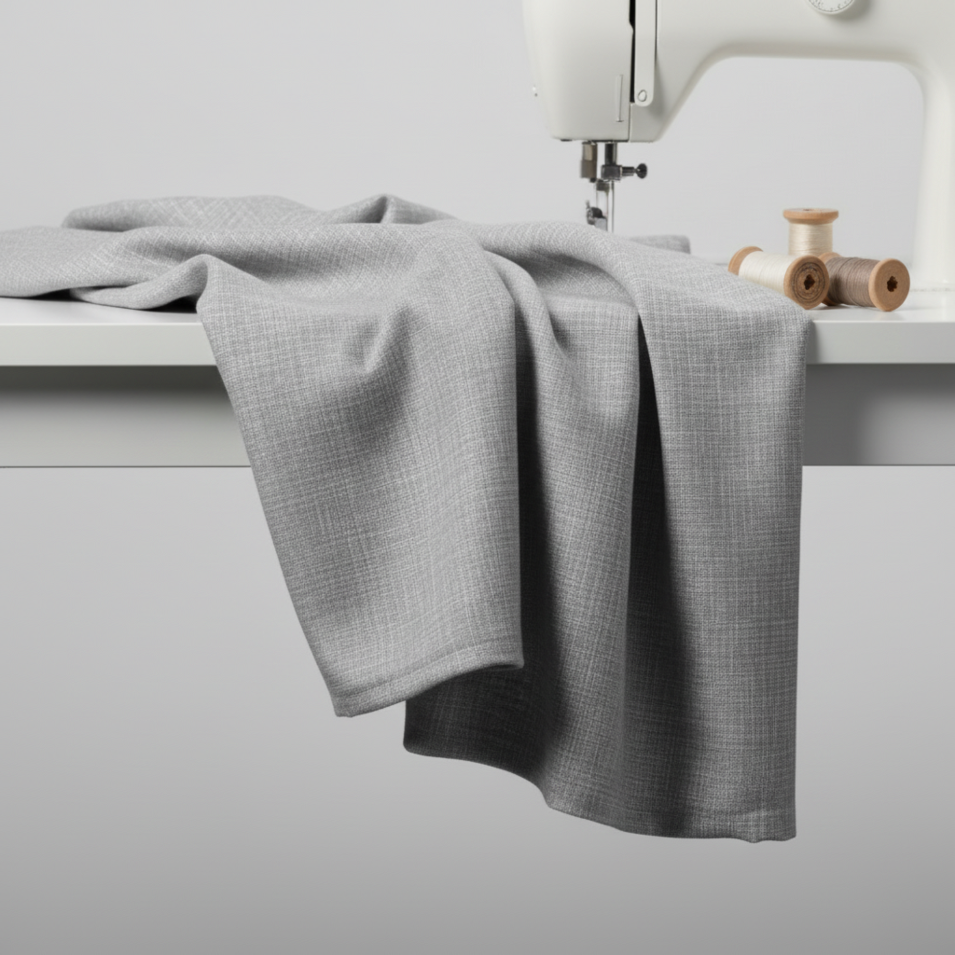 Interwoven Pewter by Jason Yenter – fabric draped from sewing machine down to table, showing softness and body