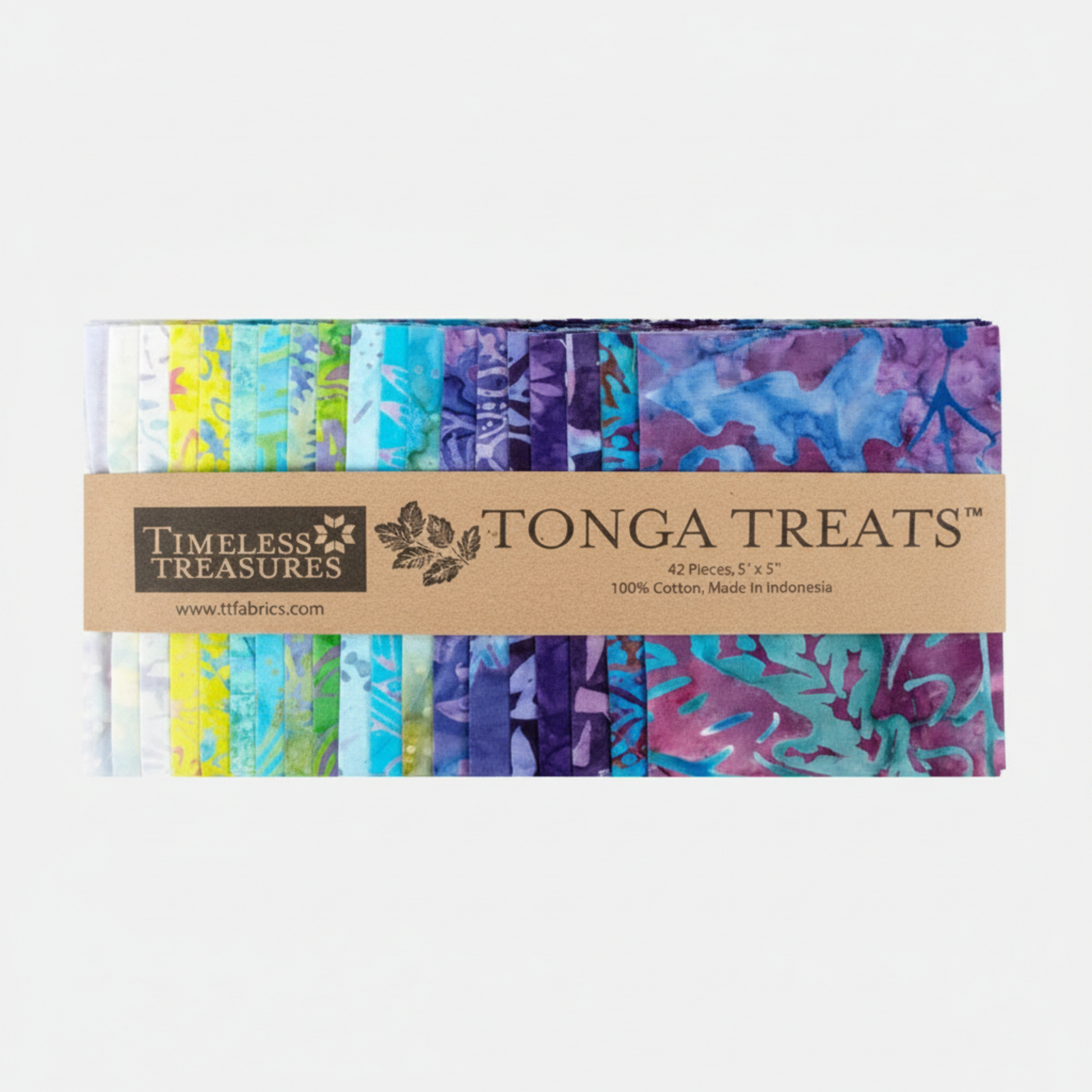 Tonga Batik Dreamer by Timeless Treasures – Tonga Treats charm pack of 42 pre-cut 5" squares on light grey background showing full color range of yellows, aquas, teals, blues, purples, and magentas