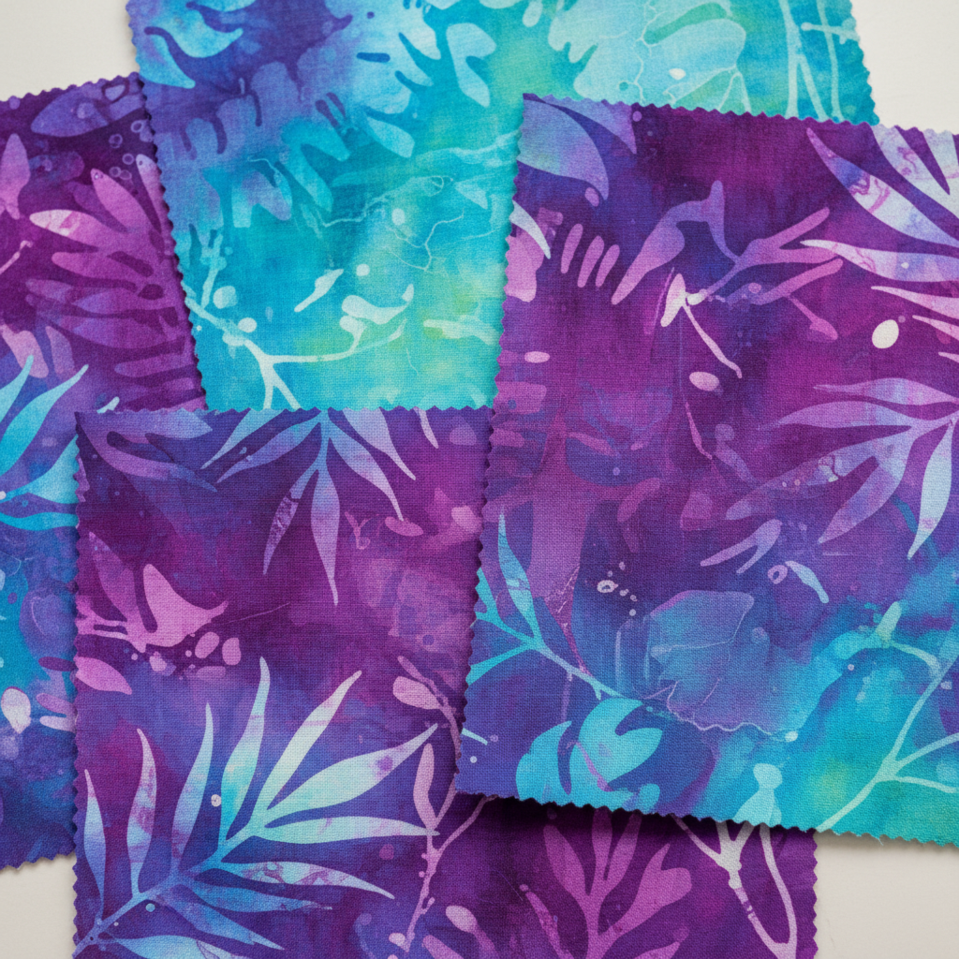Tonga Batik Dreamer by Timeless Treasures – close-up of five overlapping 5" charm squares showing vivid purple, magenta, and teal hand-dyed batik patterns with tropical leaf and botanical wax resist motifs