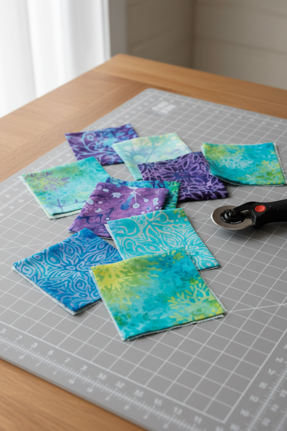 Tonga Batik Dreamer by Timeless Treasures – charm pack squares arranged on grey cutting mat on wood table with rotary cutter, showing purple, teal, aqua, and chartreuse batik fabrics ready for quilting