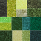 Artisan Batiks Prisma Dyes Rainforest by Robert Kaufman – color swatch grid showing all 13 colorways including charcoal, olive, pale yellow-green, lime, forest green, chartreuse, teal, emerald, hunter green, cream, sage, and dark teal batik fabrics