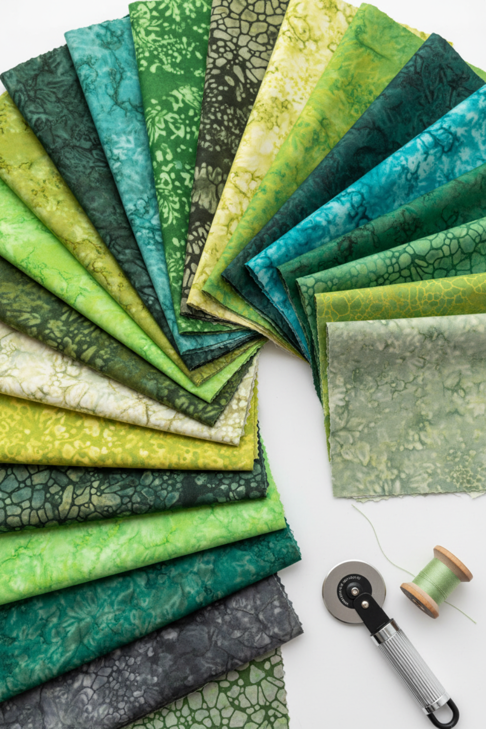 Artisan Batiks Prisma Dyes Rainforest by Robert Kaufman – Pinterest lifestyle shot of 40 pre-cut 2.5" strips fanned showing full green batik palette from cream and chartreuse through emerald, teal, and charcoal, with rotary cutter and green thread spool