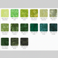 Artisan Batiks Prisma Dyes Rainforest by Robert Kaufman – named colorway reference chart showing all 15 batik colorways: Oregano, Kiwi, Pear, Pistachio, Meadow, Cactus, Avocado, Jungle, Holly, Park, Pond, Storm, Evergreen, Moss, and Olive