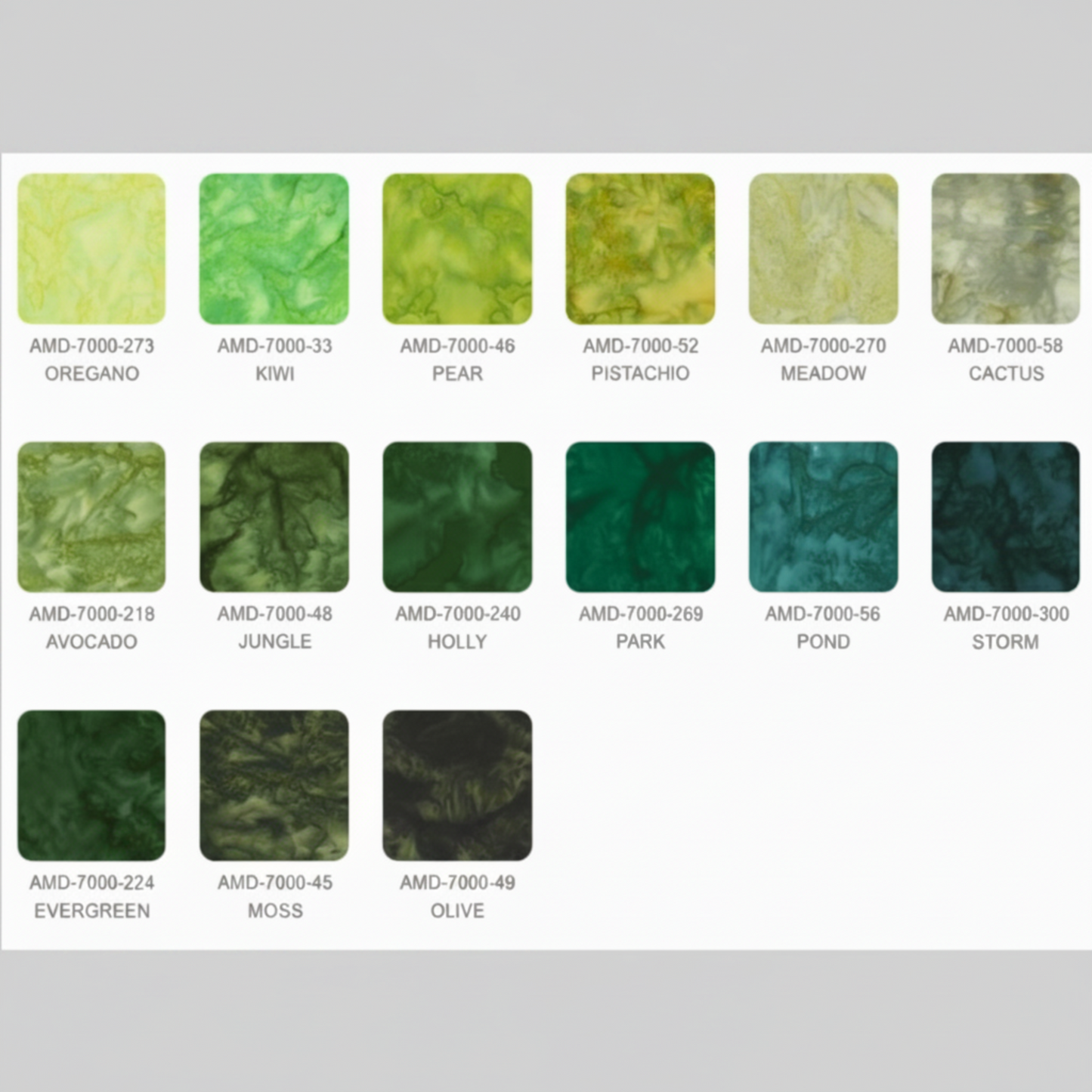 Artisan Batiks Prisma Dyes Rainforest by Robert Kaufman – named colorway reference chart showing all 15 batik colorways: Oregano, Kiwi, Pear, Pistachio, Meadow, Cactus, Avocado, Jungle, Holly, Park, Pond, Storm, Evergreen, Moss, and Olive