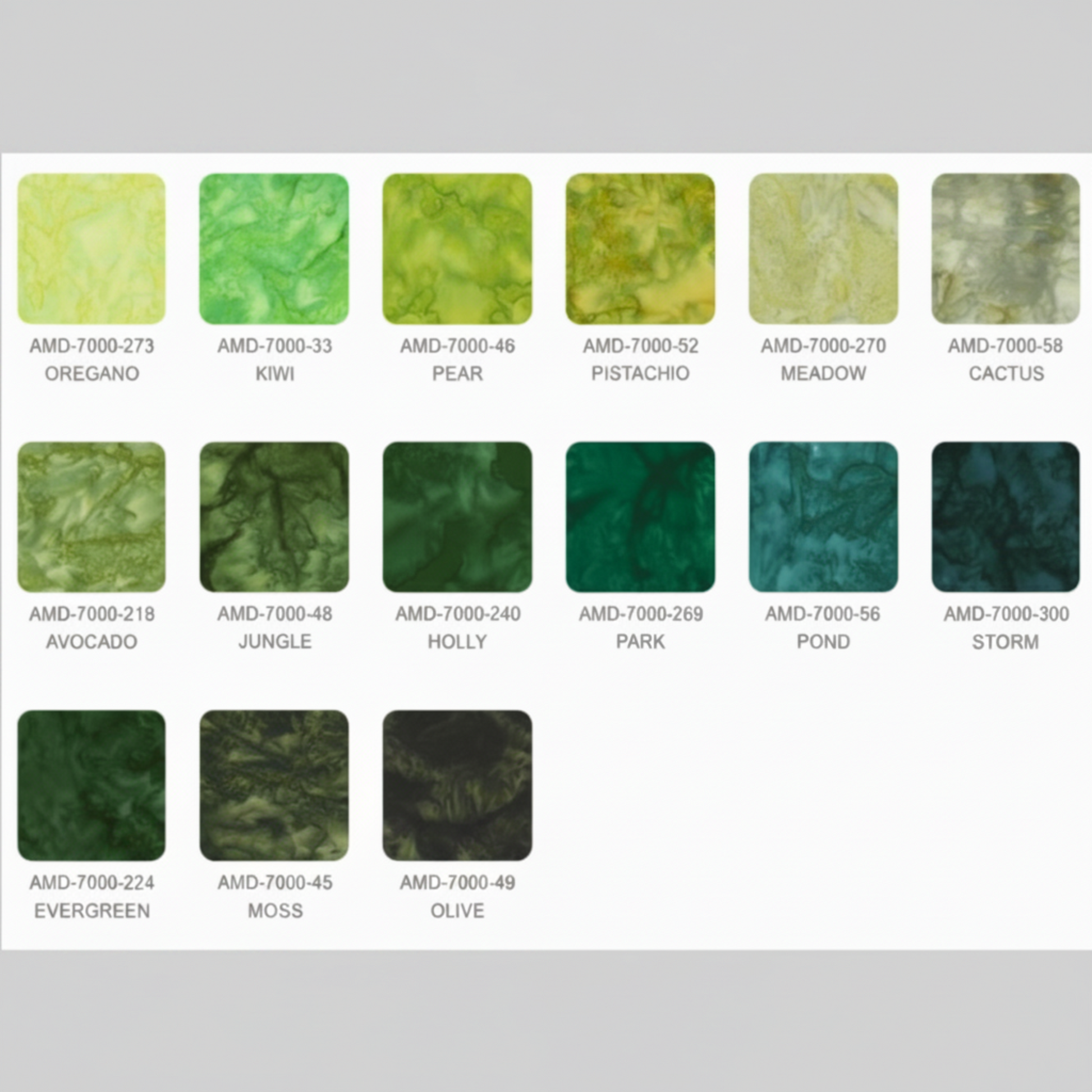 Artisan Batiks Prisma Dyes Rainforest by Robert Kaufman – named colorway reference chart showing all 15 batik colorways: Oregano, Kiwi, Pear, Pistachio, Meadow, Cactus, Avocado, Jungle, Holly, Park, Pond, Storm, Evergreen, Moss, and Olive