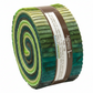 Artisan Batiks Prisma Dyes Rainforest by Robert Kaufman – jelly roll of 40 pre-cut 2.5" strips showing full color range from pale yellow-green through grass green, forest green, and deep teal batik
