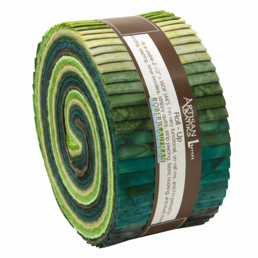 Artisan Batiks Prisma Dyes Rainforest by Robert Kaufman – jelly roll of 40 pre-cut 2.5" strips showing full color range from pale yellow-green through grass green, forest green, and deep teal batik
