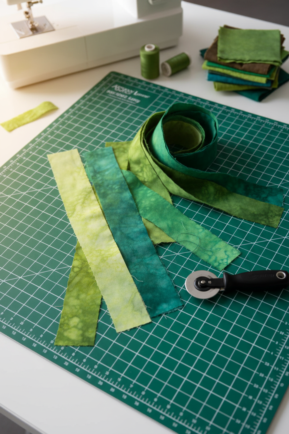Artisan Batiks Prisma Dyes Rainforest by Robert Kaufman – Pinterest workspace shot showing 2.5" batik strips laid on green cutting mat with rotary cutter, coiled strip roll, coordinating fat quarter stack, and sewing machine in quilting studio setting