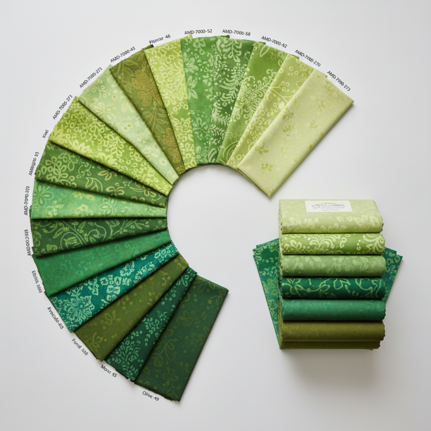 Artisan Batiks Prisma Dyes Rainforest by Robert Kaufman – labeled fan of 2.5" strips in full arc showing all 15 named colorways from Oregano and Kiwi through Jungle, Holly, Park, Pond, and Olive, with coordinating fat quarter stack