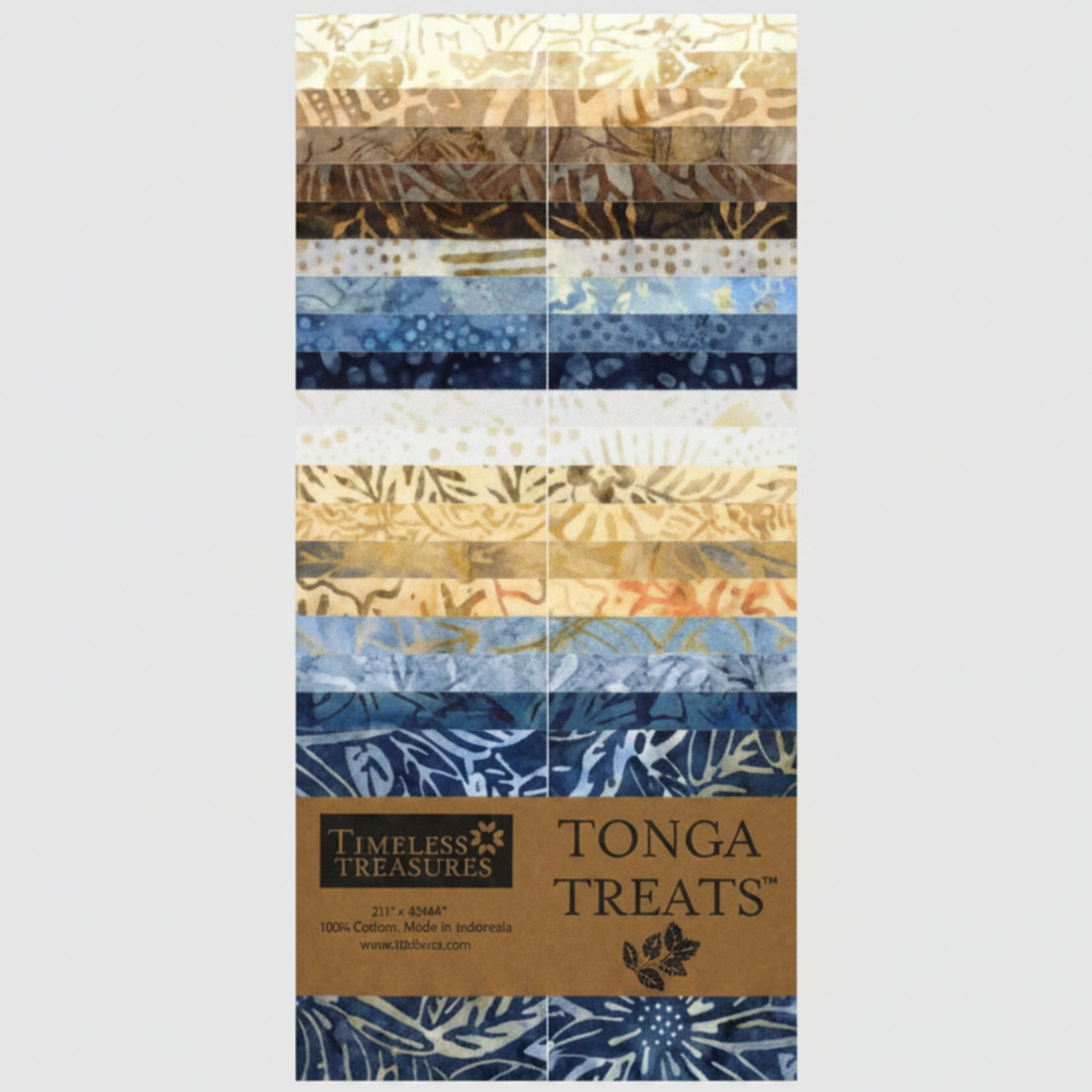 Tonga Batik Moonlit by Timeless Treasures – Tonga Treats jelly roll of 40 pre-cut 2.5" strips showing full palette from cream and sand through taupe, periwinkle, medium blue, denim, and deep navy hand-dyed batik