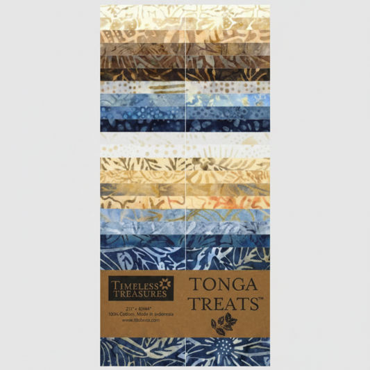Tonga Batik Moonlit by Timeless Treasures – Tonga Treats jelly roll of 40 pre-cut 2.5" strips showing full palette from cream and sand through taupe, periwinkle, medium blue, denim, and deep navy hand-dyed batik