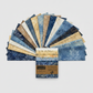 Tonga Batik Moonlit by Timeless Treasures – 40 pre-cut 2.5" strips fanned in wide arc on light grey background with Tonga Treats package, showing full palette of deep navy, denim blue, periwinkle, warm sand, taupe, and cream hand-dyed batik