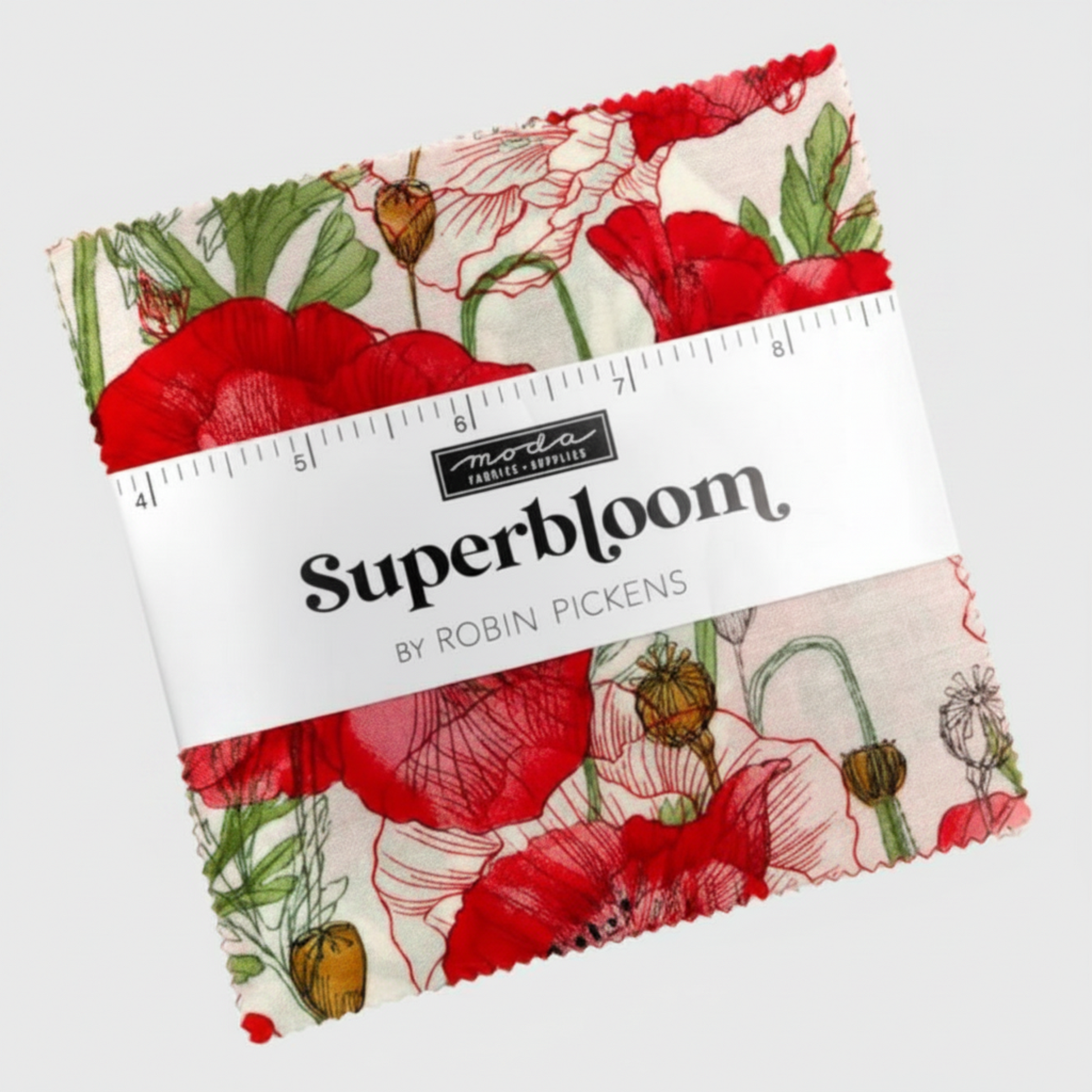Superbloom Charm Pack by Robin Pickens for Moda Fabrics – 42 pre-cut 5" squares featuring bold red poppies on cream background