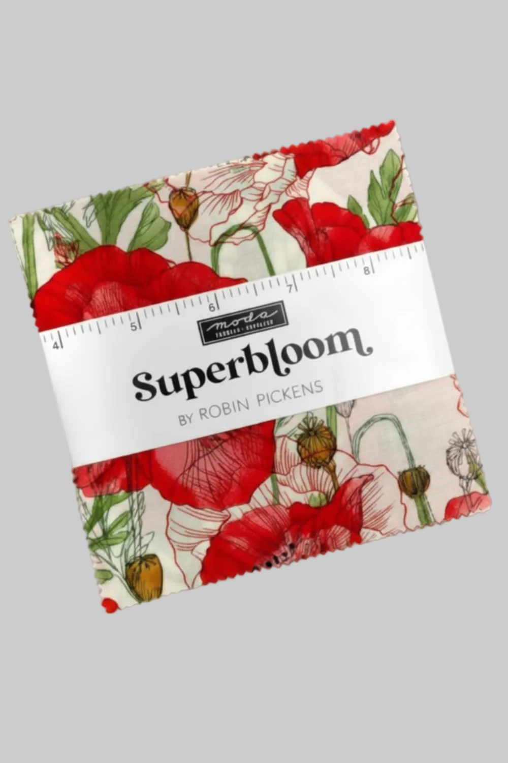 Superbloom charm pack by Robin Pickens for Moda Fabrics – 42 pre-cut 5-inch cotton squares with bold red poppy botanical prints, perfect for scrappy quilts and patchwork