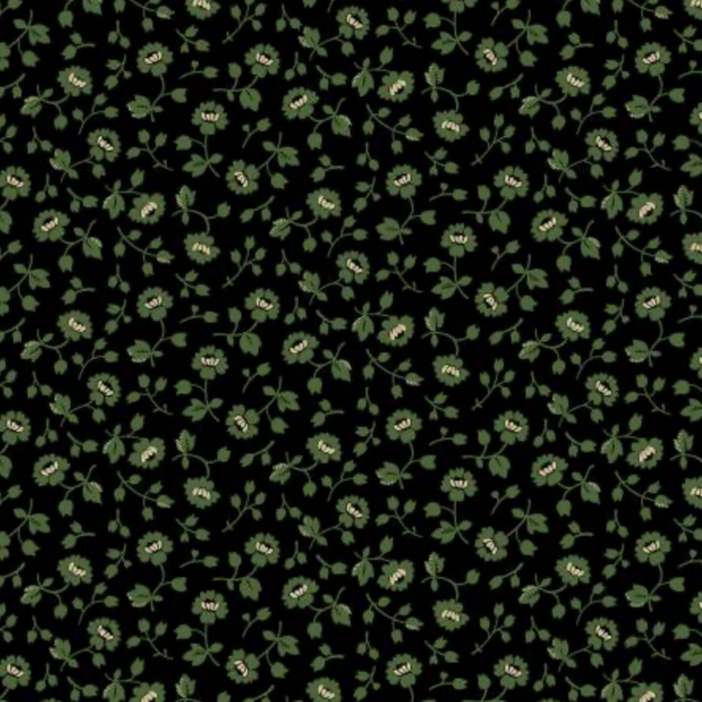 Vintage Charm Green Flower Patch by Judie Rothermel for Marcus Fabrics – small-scale green ditsy florals on black reproduction cotton, 44/45" wide