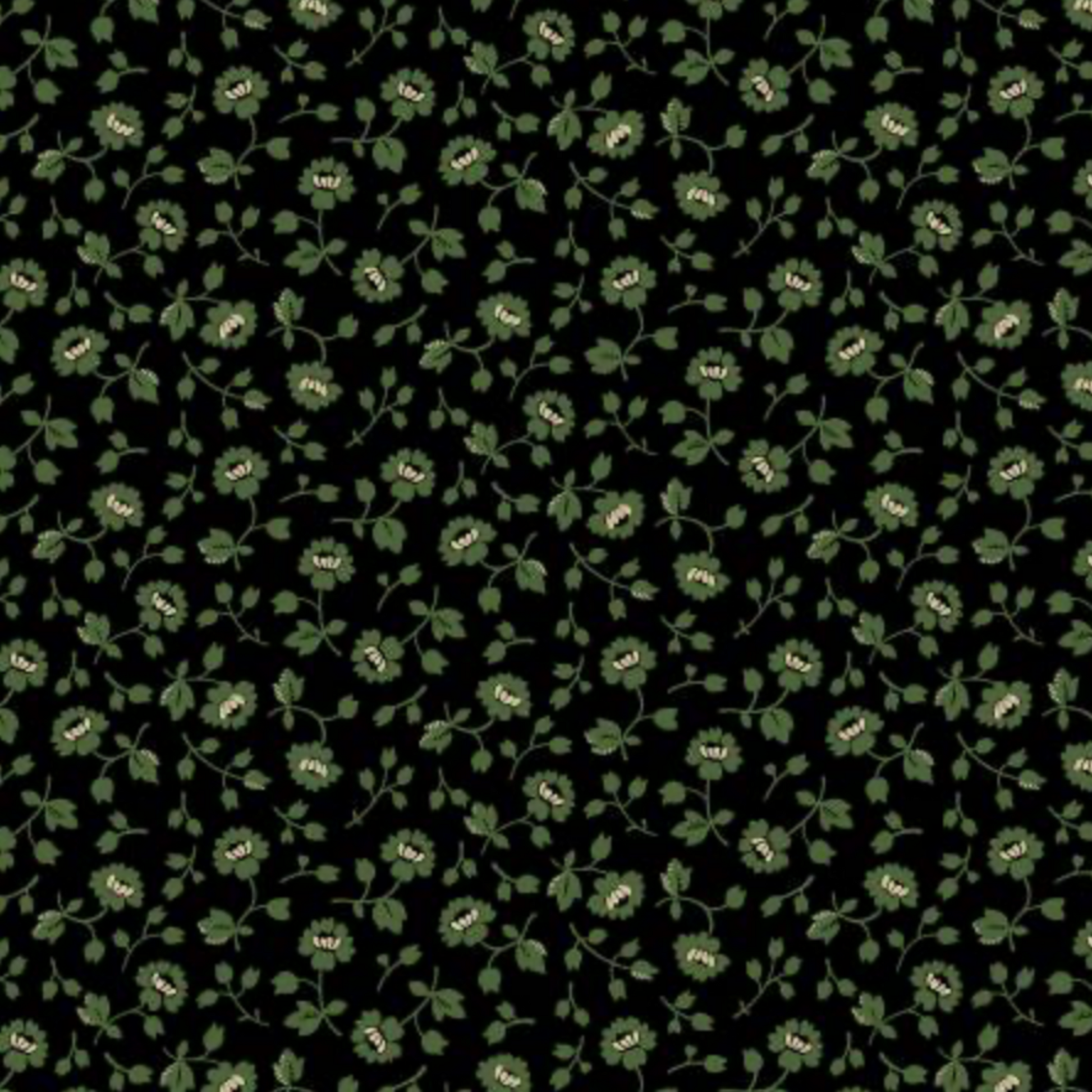 Vintage Charm Green Flower Patch by Judie Rothermel for Marcus Fabrics – small-scale green ditsy florals on black reproduction cotton, 44/45" wide