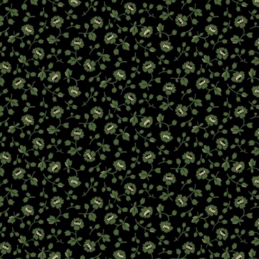 Vintage Charm Green Flower Patch by Judie Rothermel for Marcus Fabrics – small-scale green ditsy florals on black reproduction cotton, 44/45" wide
