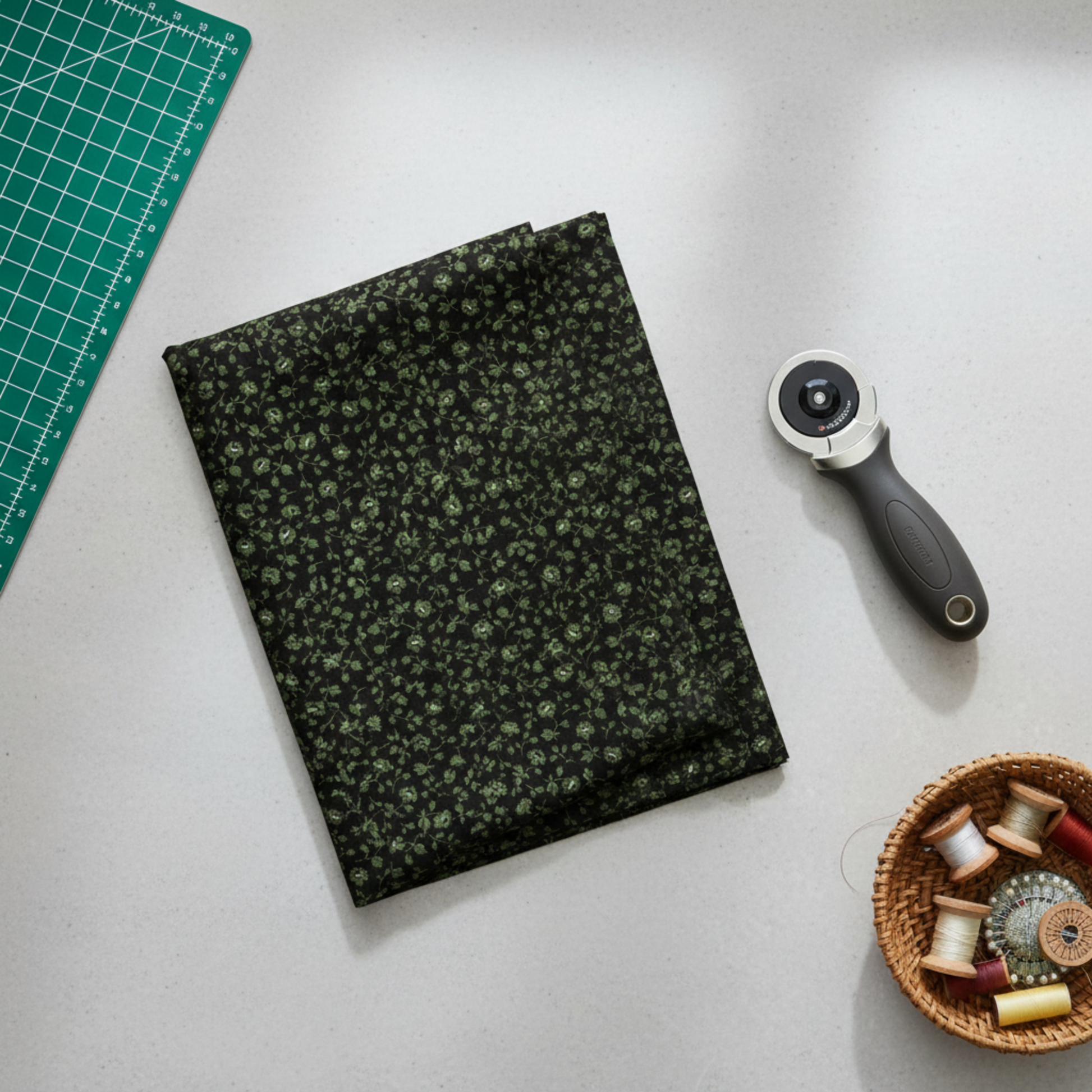 Vintage Charm Green Flower Patch by Judie Rothermel for Marcus Fabrics – folded black cotton fabric with green ditsy florals, styled with rotary cutter, cutting mat, and thread spools