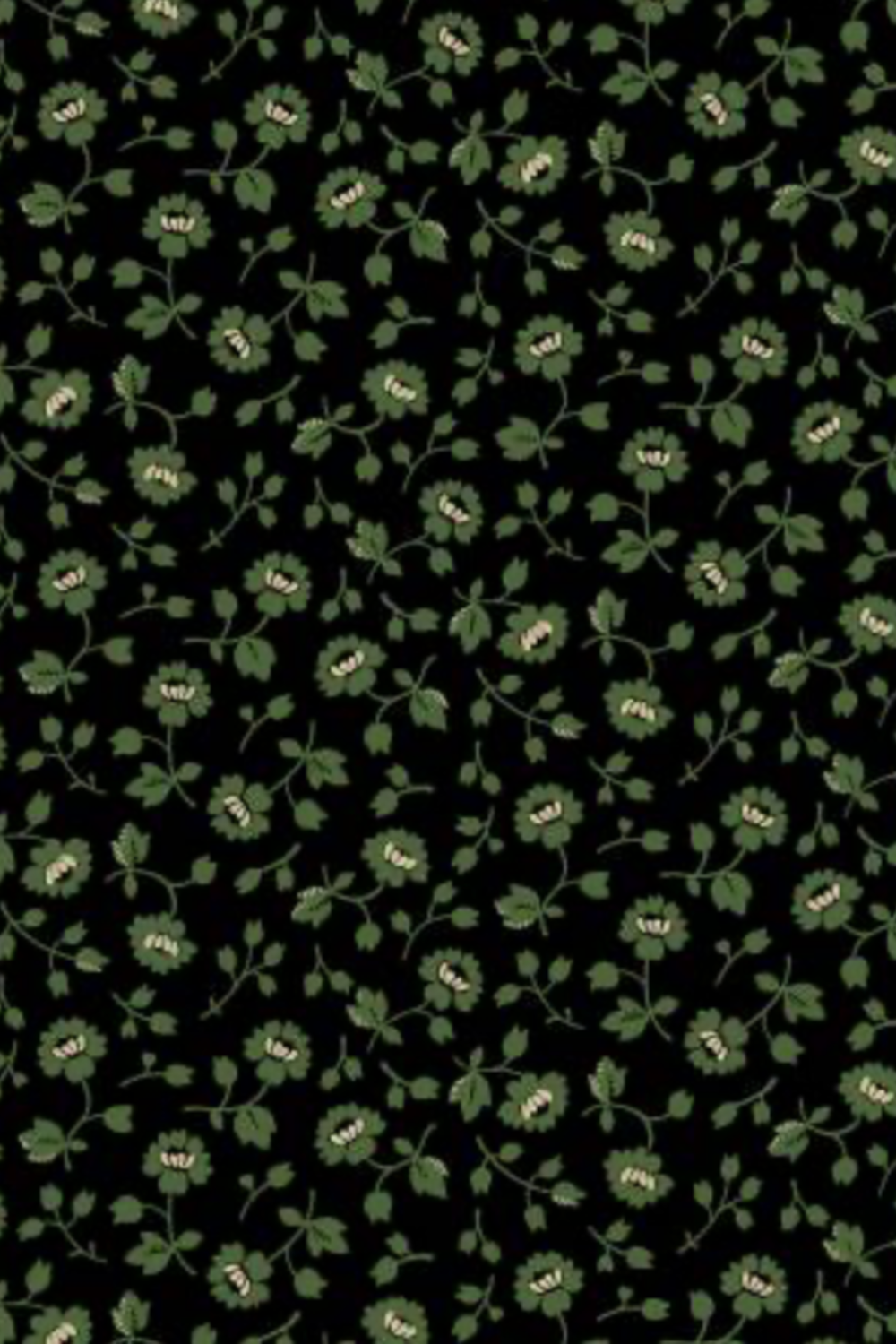 Vintage Charm Green Flower Patch reproduction quilting fabric by Judie Rothermel for Marcus Fabrics – black cotton with small-scale green ditsy florals and leaves, perfect for traditional and Civil War reproduction quilts