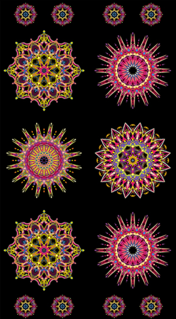 Needle Stars Red/Multi Quilt Panel by Paula Nadelstern for Benartex – kaleidoscopic starbursts on black, 22" x 44"