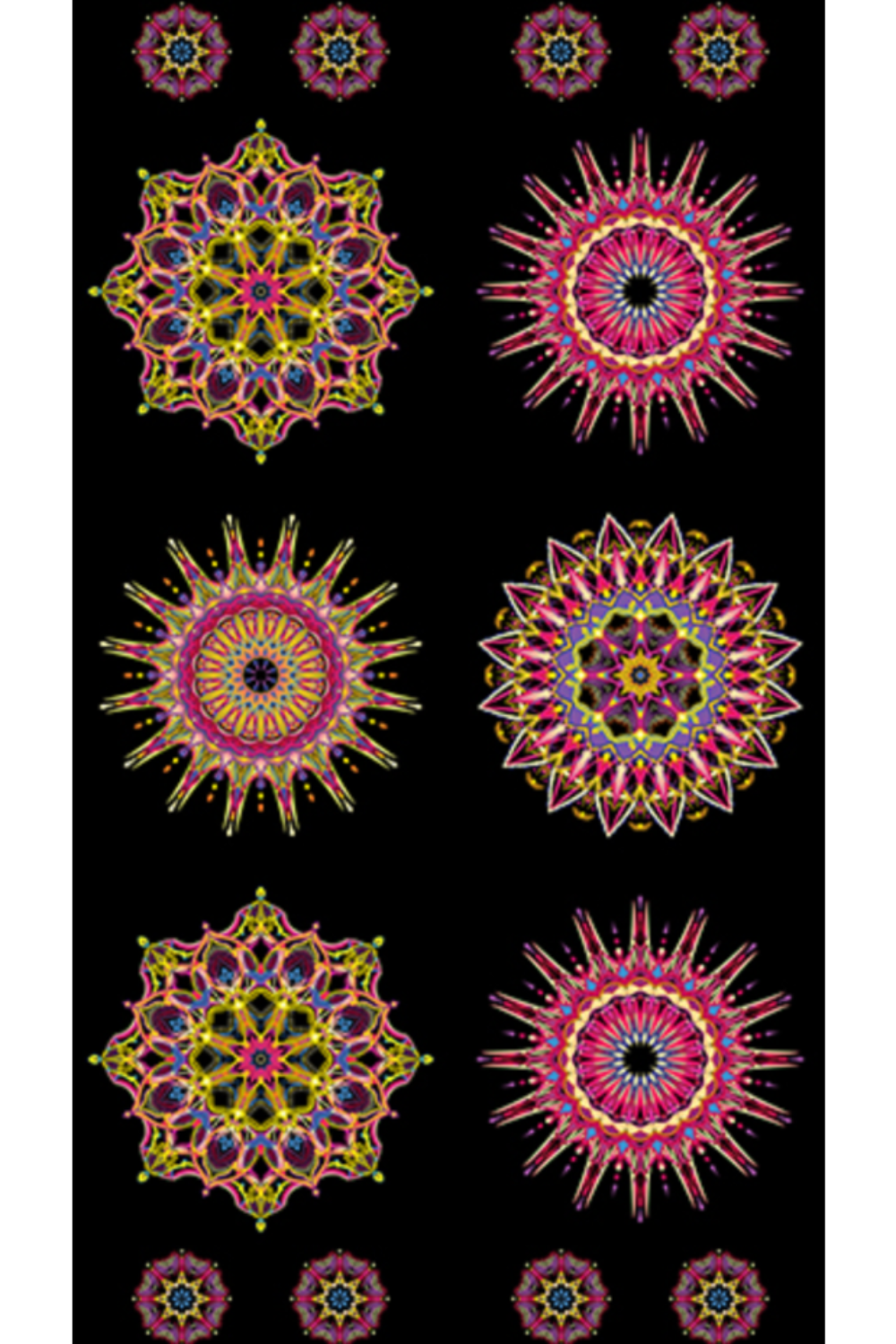 Stunning Needle Stars quilt panel by Paula Nadelstern for Benartex — 6 vivid kaleidoscopic starburst medallions in red, pink, gold, yellow & blue on dramatic black cotton. Perfect for a show-stopping quilt centerpiece or wall hanging. 22" x 44" panel. #QuiltFabric #PaulanadelsternNadelstern #Benartex #QuiltPanel #KaleidoscopeQuilt #FabricPanel