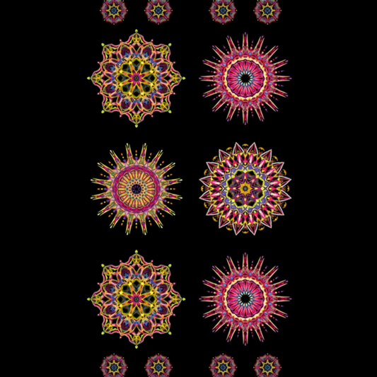 Needle Stars Red/Multi Quilt Panel by Paula Nadelstern for Benartex – kaleidoscopic starbursts on black, 22" x 44"