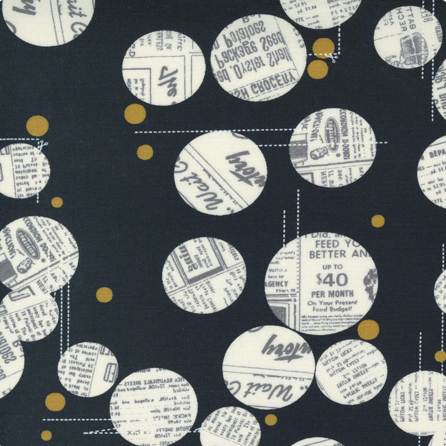 Close-up of Celestial News Dropping Onyx by Zen Chic for Moda – cream vintage newspaper circles and gold metallic dots on black 100% cotton quilting fabric