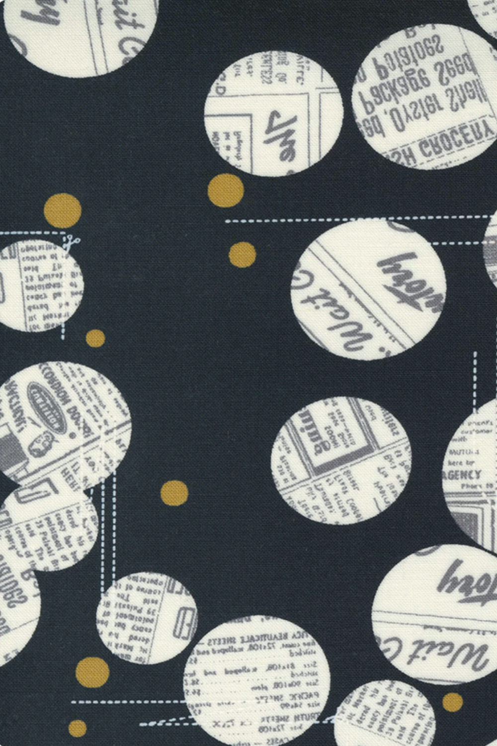 Vertical Pinterest view of Celestial News Dropping Onyx fabric by Zen Chic for Moda Fabrics, featuring cream newspaper-style circles, white dashed lines, and mustard-gold dots on black.