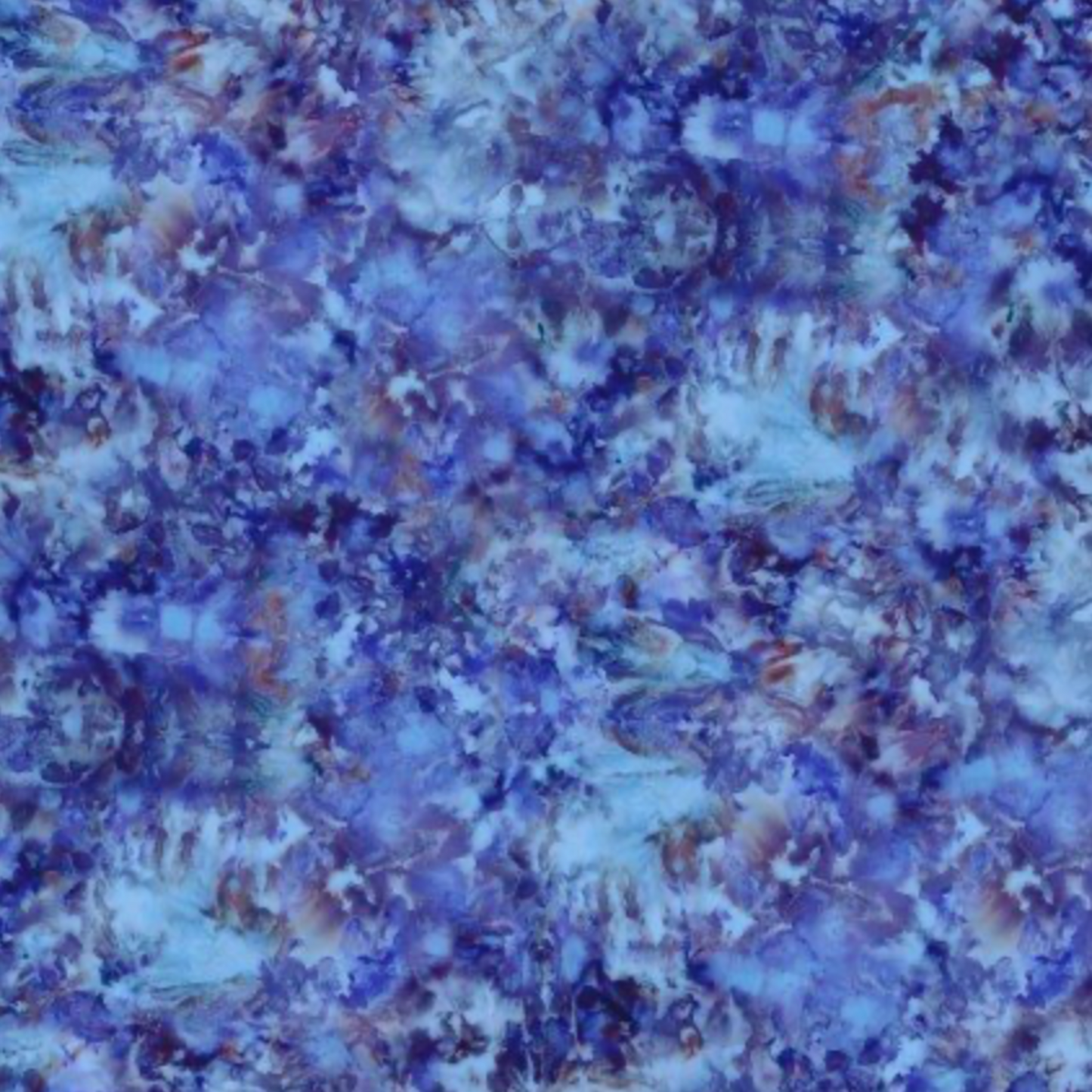 Close-up print detail of Fire & Ice by Maywood Studio Navy Ice Dye cotton quilting fabric showing blue, periwinkle, and mauve ice dye pattern