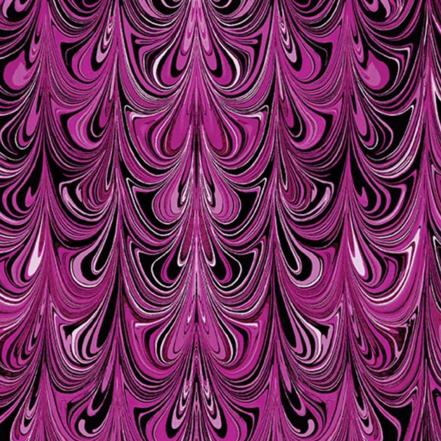 Needle Stars Chandelier Fuchsia fabric repeat — marbled feather swirl print in fuchsia, magenta, violet, pink, and black by Paula Nadelstern for Benartex
